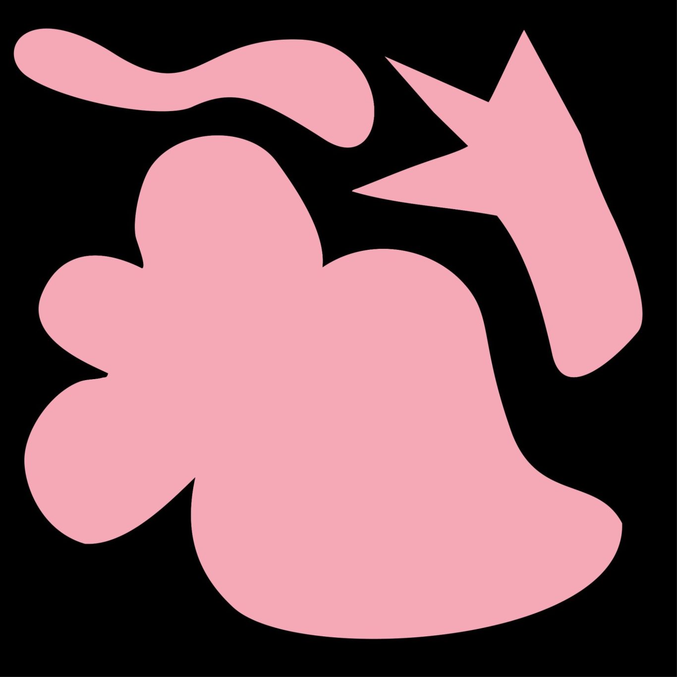Es sind freundliche organische, abstrakte Formen im Scherenschnitt-Stil in rosa auf schwarzem Hintergrund zu sehen.